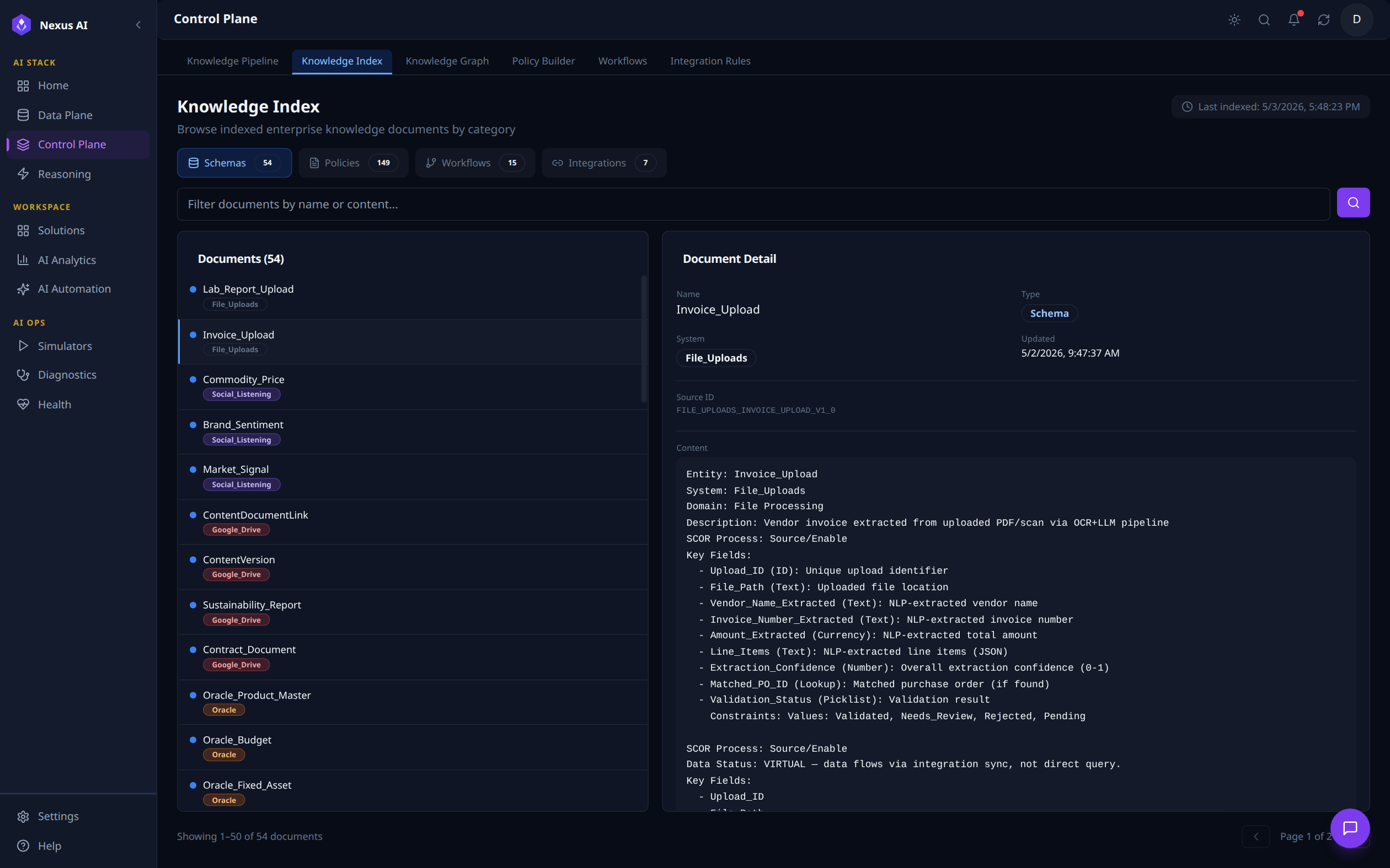Knowledge Index tab with Invoice_Upload selected
