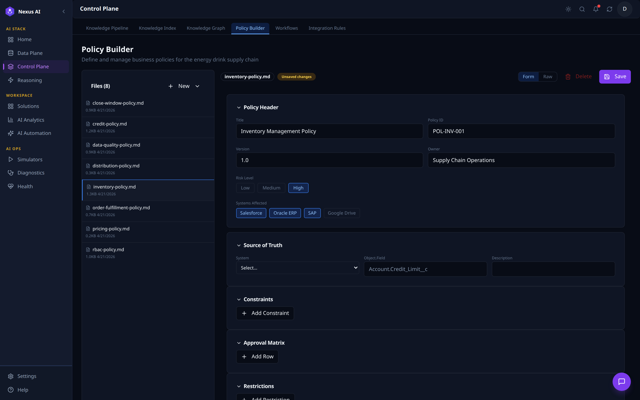 Policy Builder tab with inventory-policy.md selected