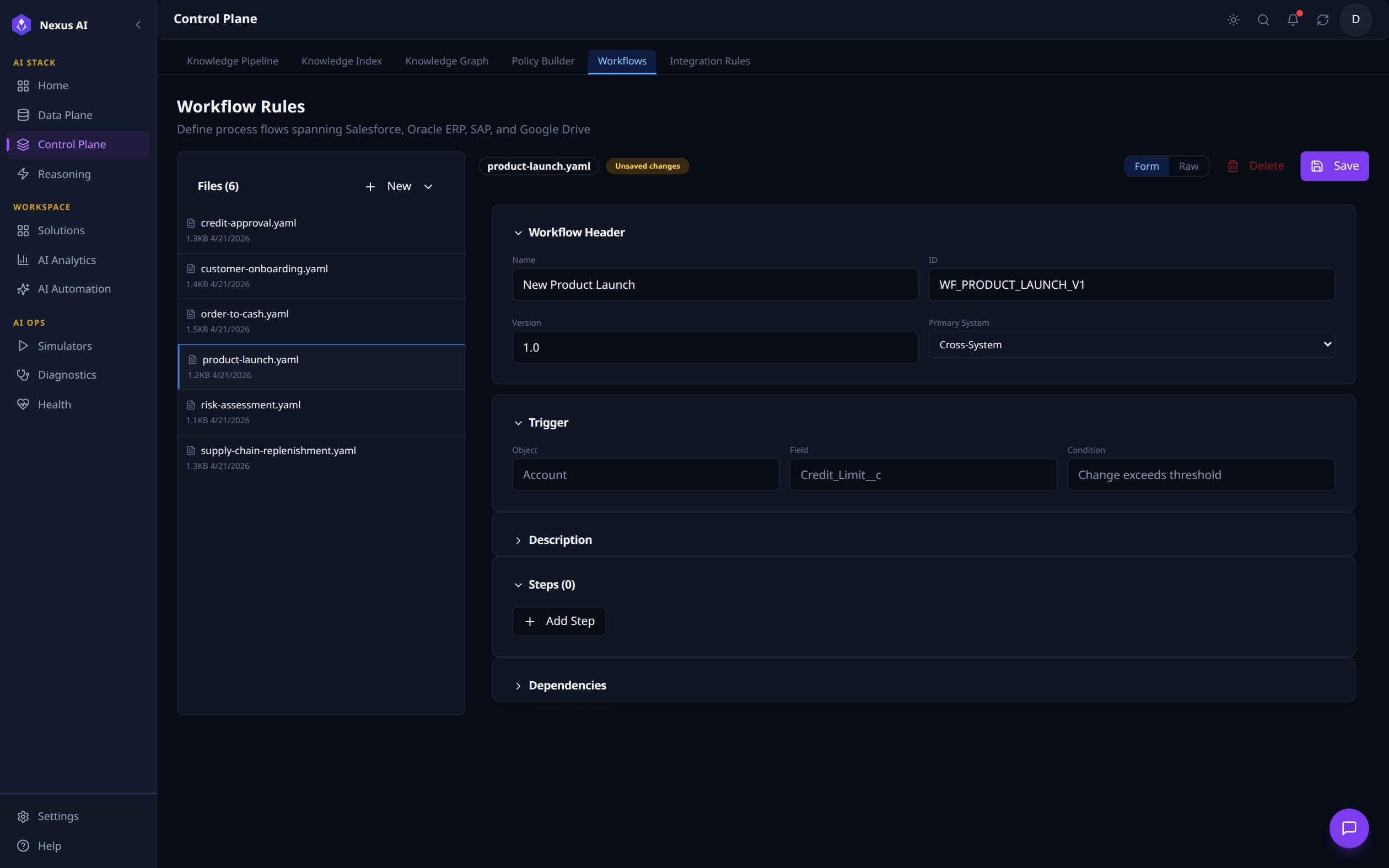 Workflows tab with product-launch.yaml selected