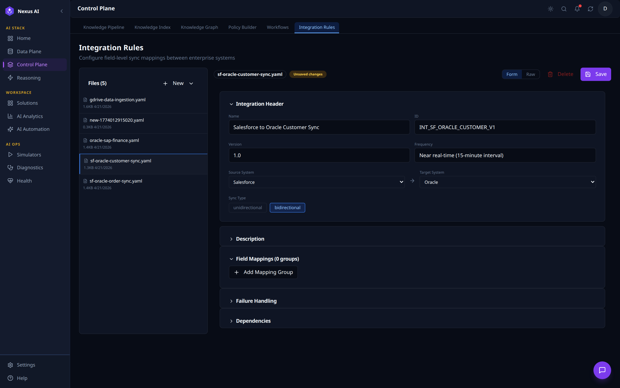 Integration Rules tab with sf-oracle-customer-sync.yaml selected