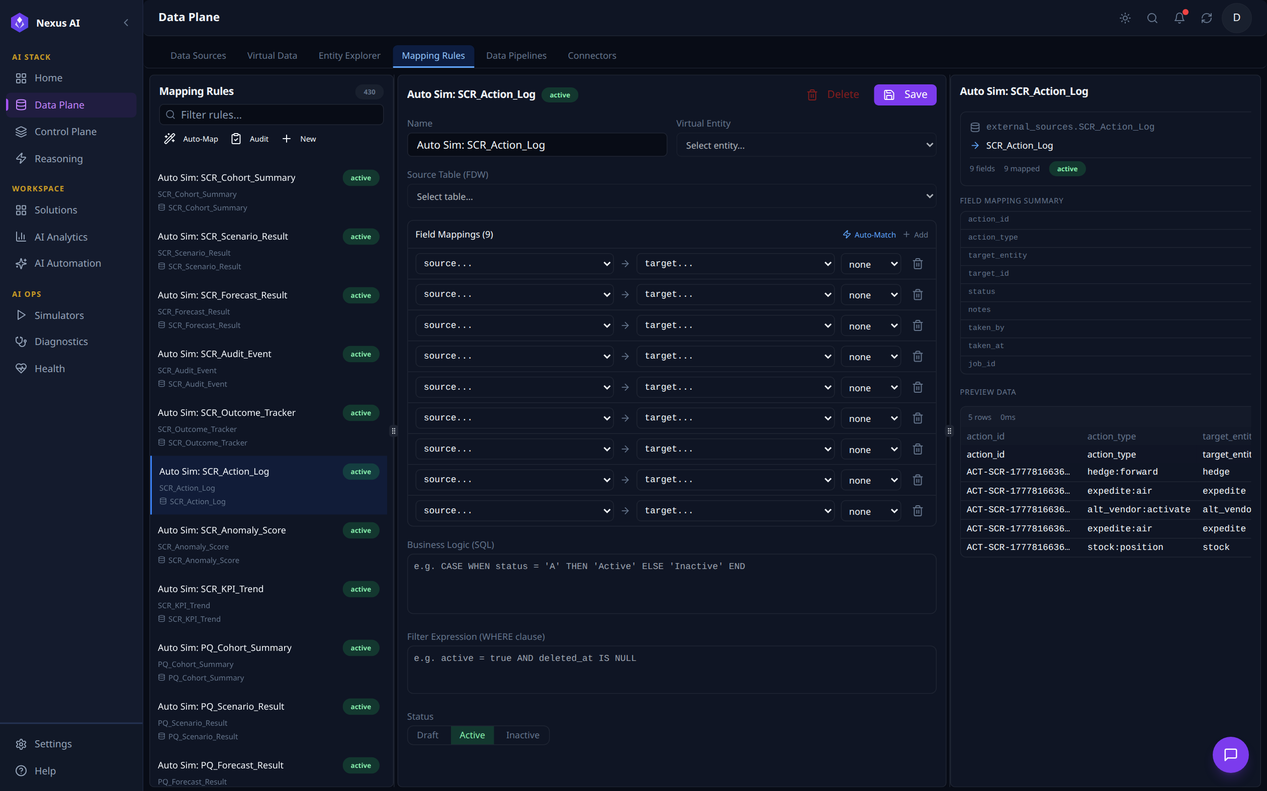Mapping Rules tab with SCR_Action_Log rule selected