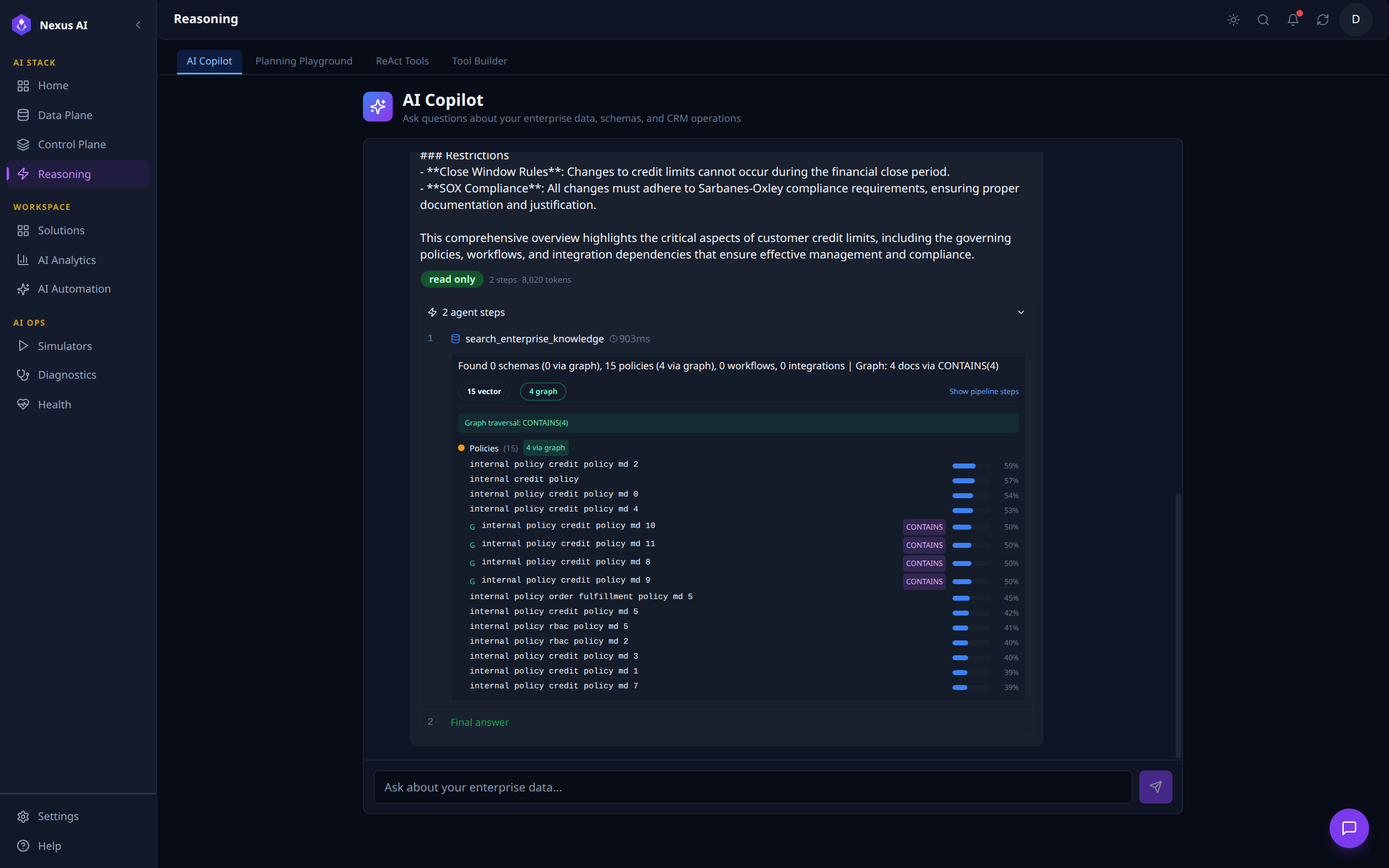 AI Copilot tab with agent steps expanded