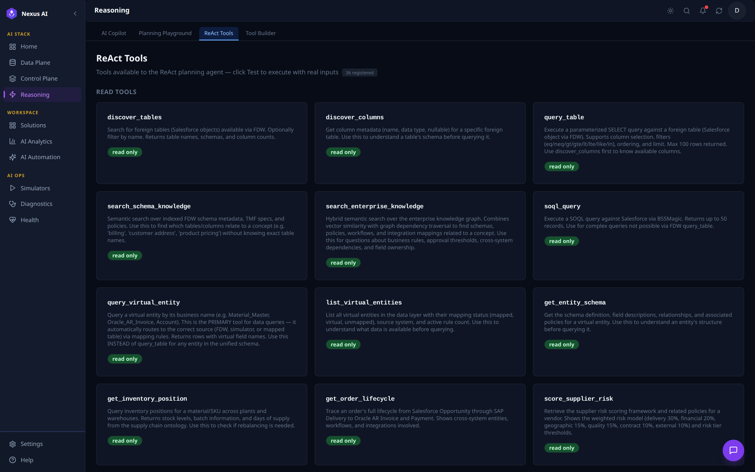 ReAct Tools tab