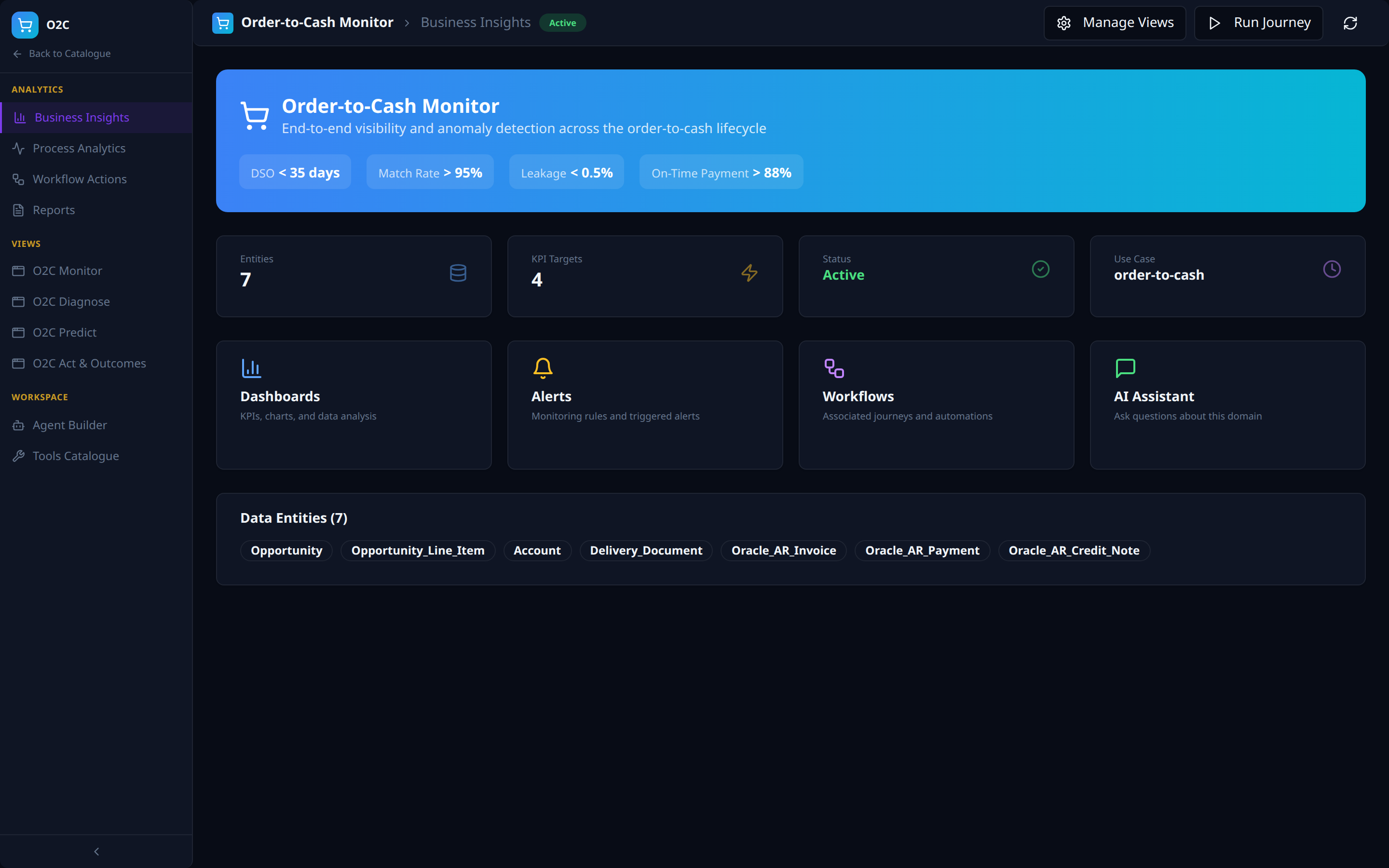Business Insights -- Solution overview with KPI targets, stat tiles, capability cards, and entity chips